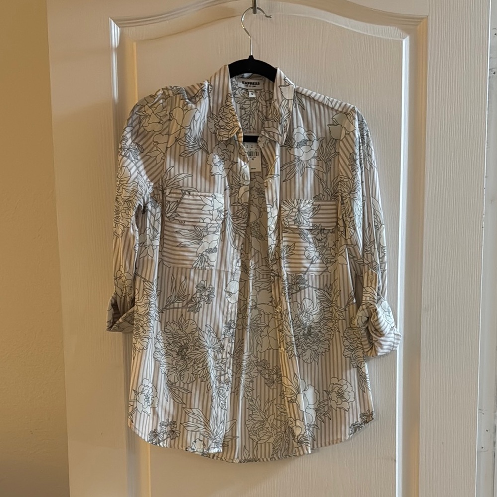 Express Black and White Floral Stripe Shirt